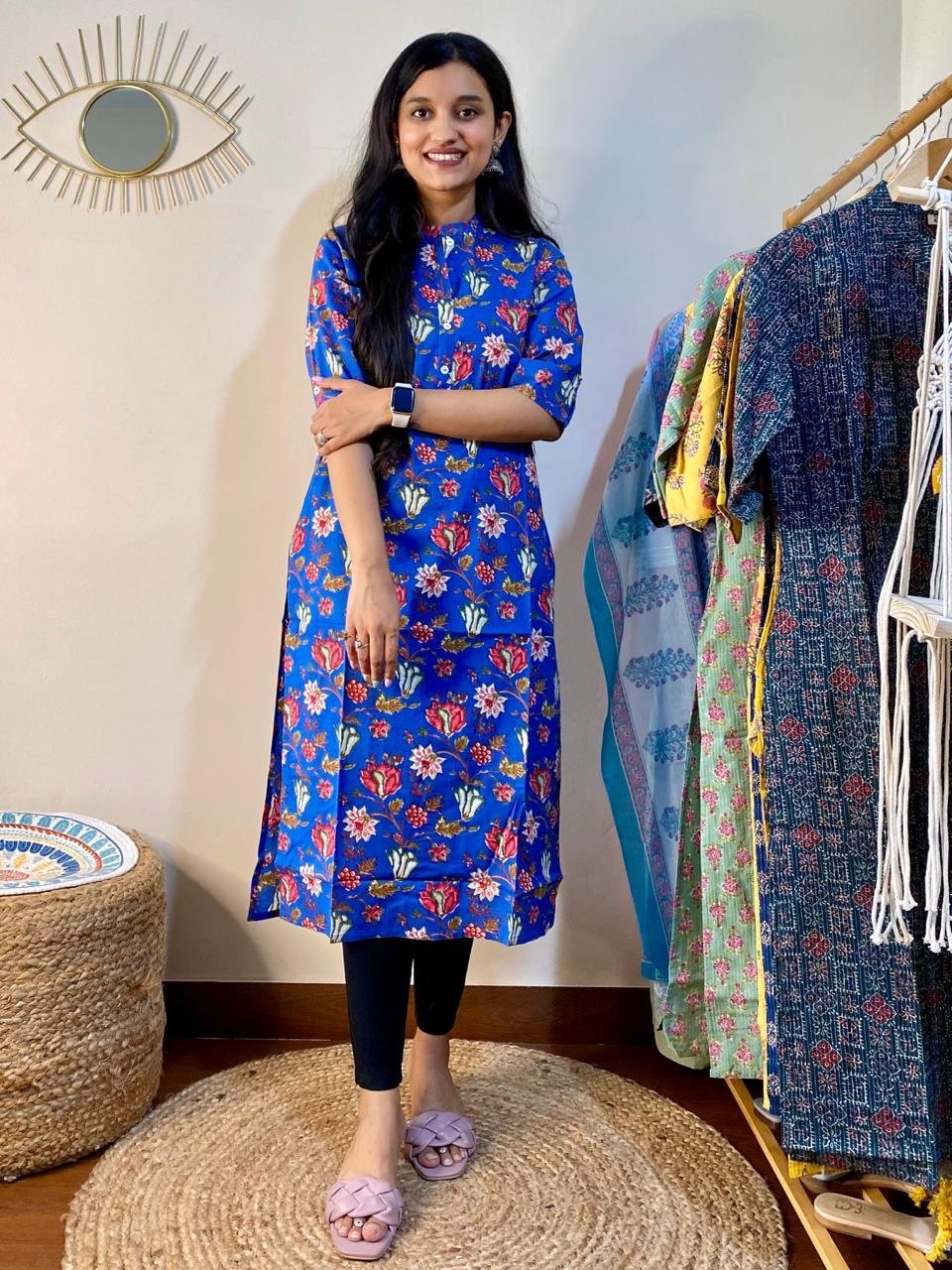 Weekend Cotton Kurta- Bright Blue Floral