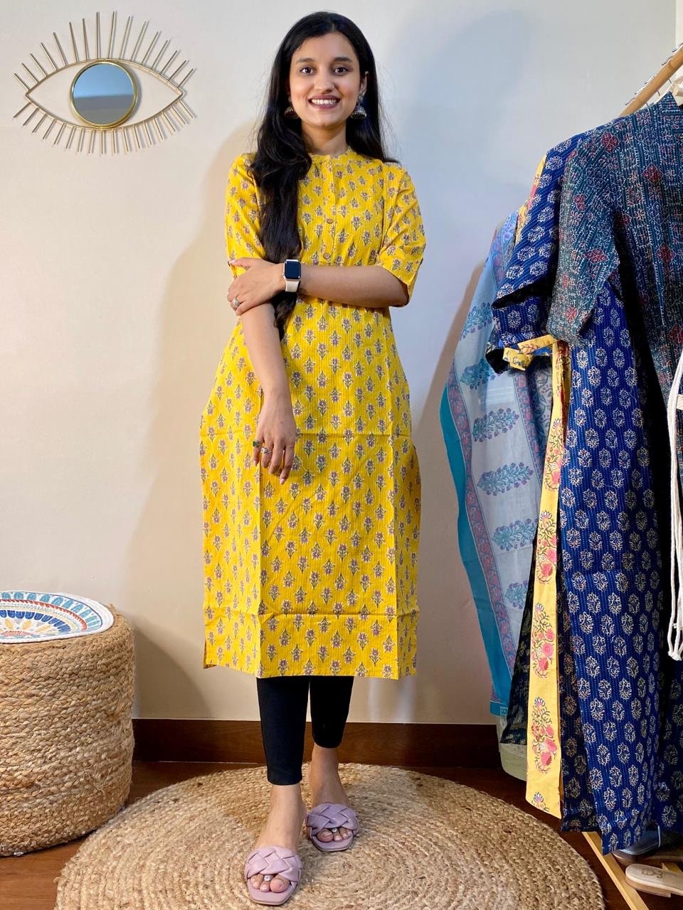 Weekend Cotton Kurta- Yellow Booti