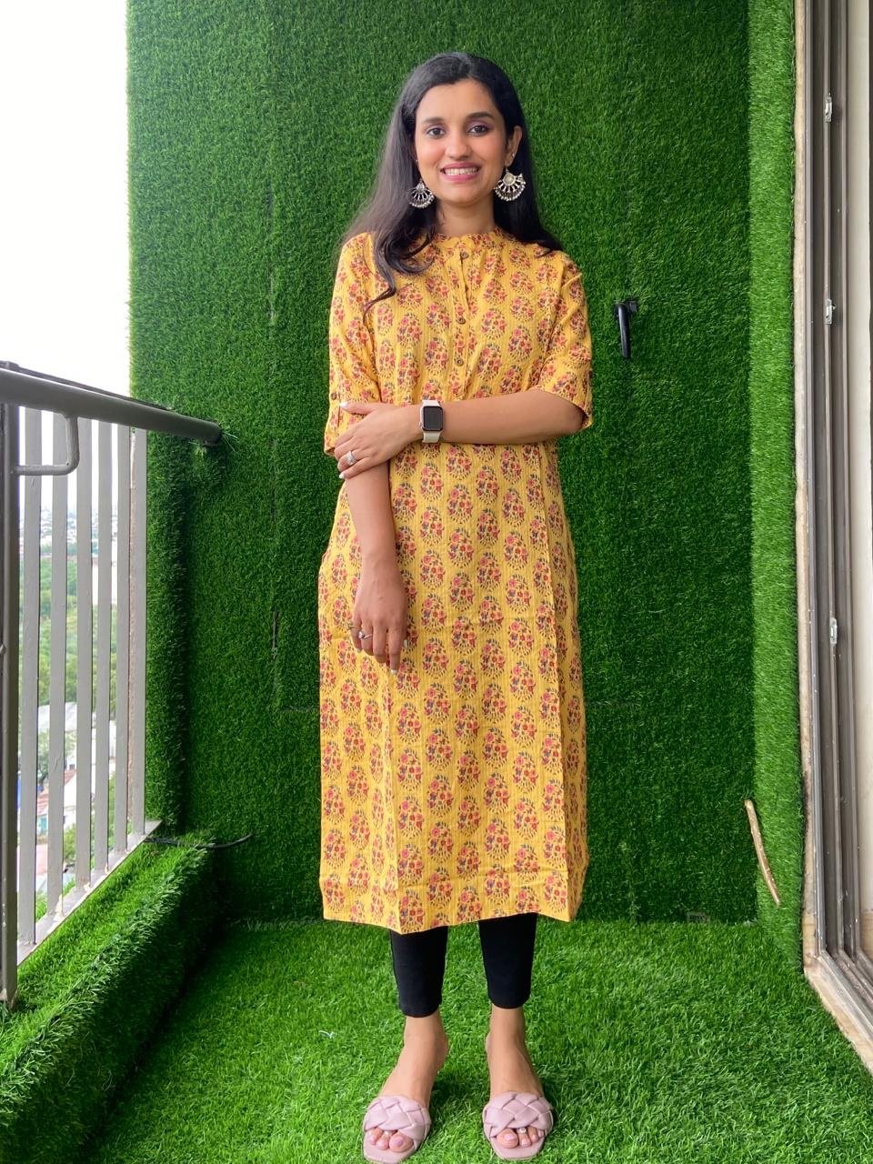 Weekend Cotton Kurta- Yellow Floral Booti