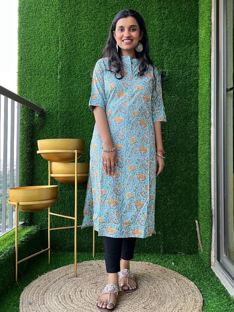 Weekend Cotton Kurta- Light Blue Floral