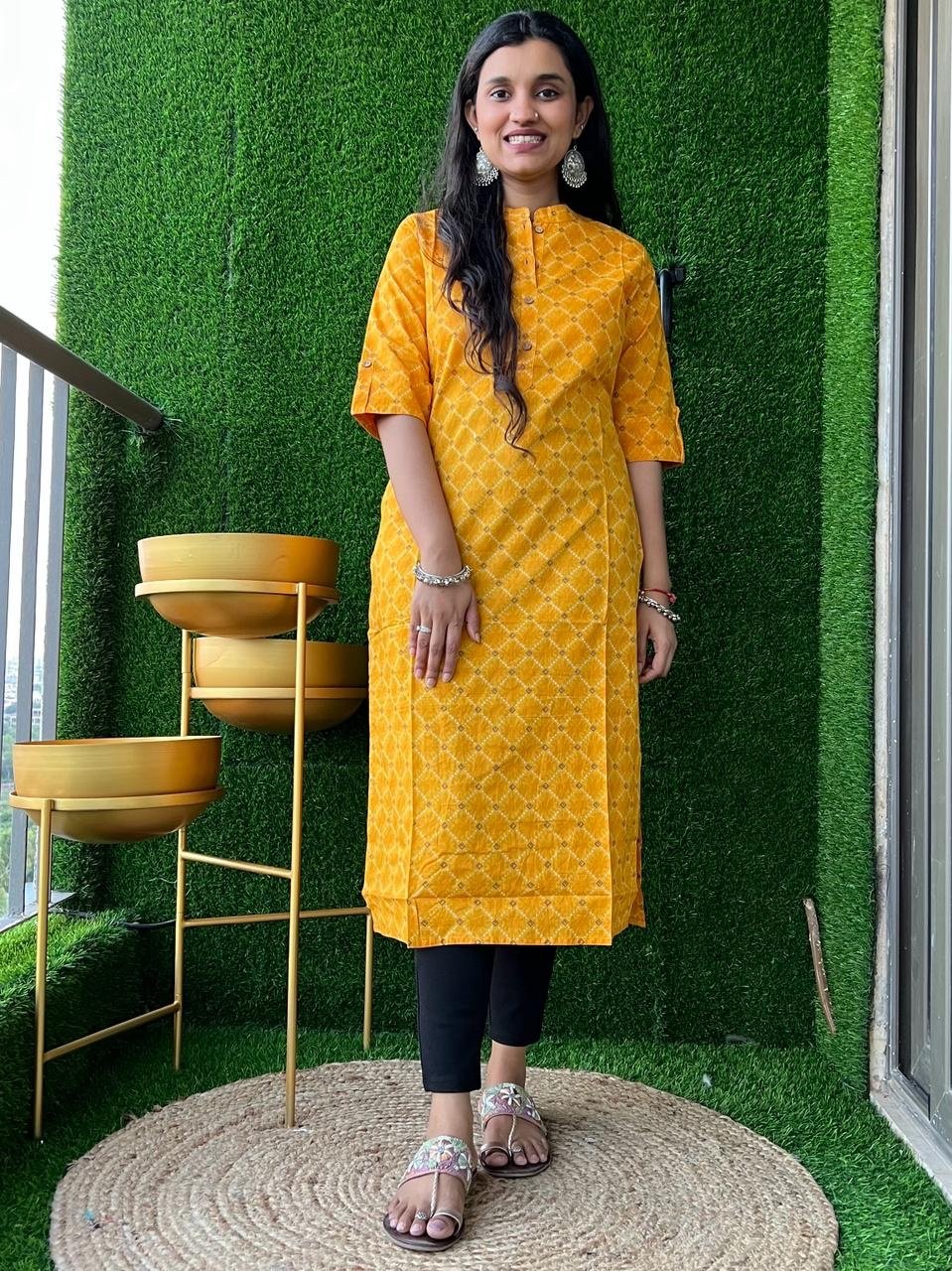 Weekend Cotton Kurta- Yellow Squares