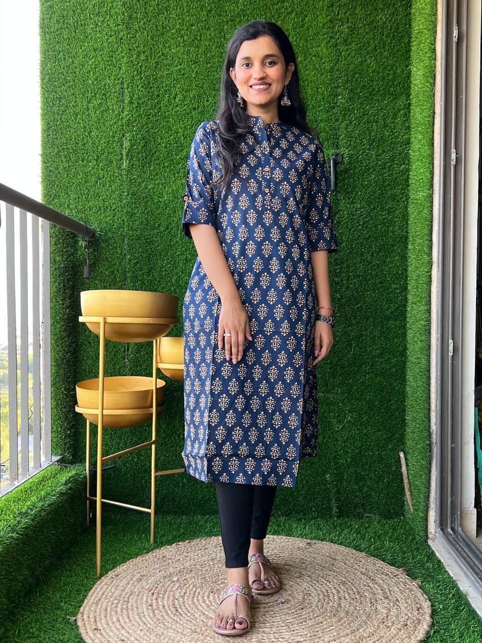 Weekend Cotton Kurta- Navy Boota