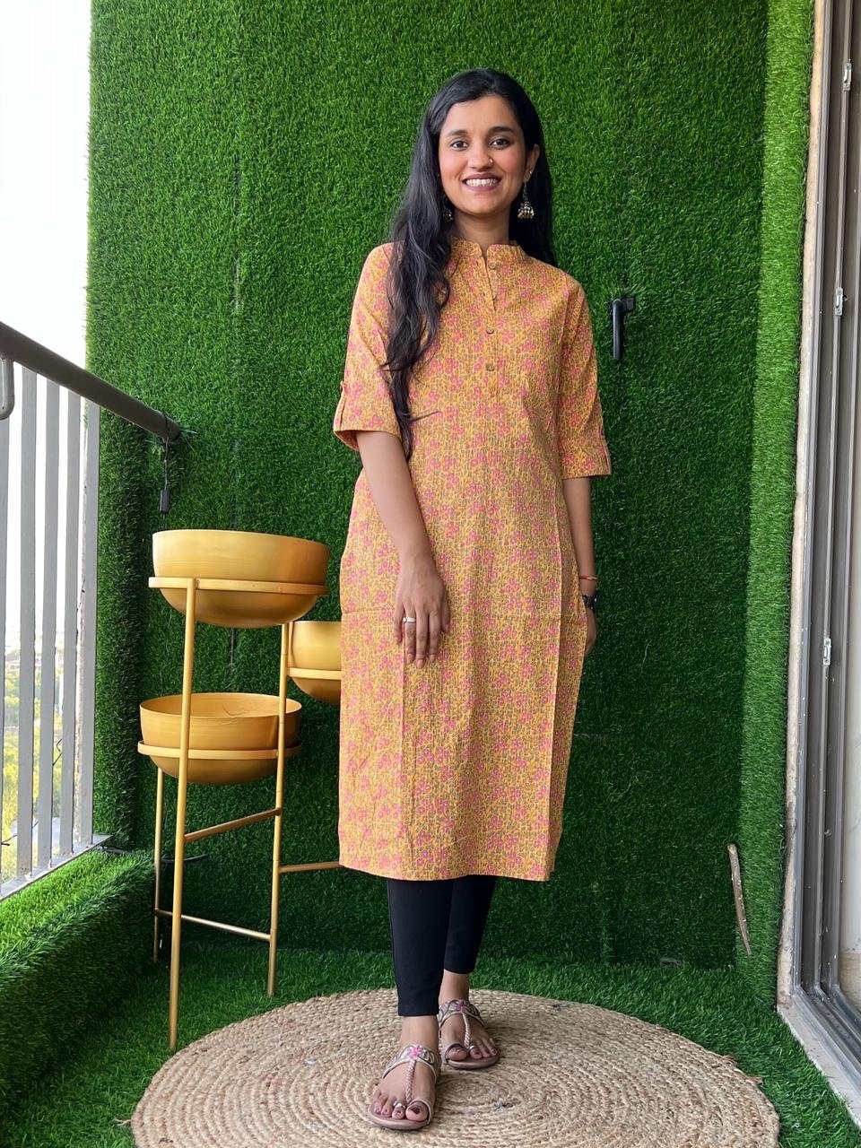 Weekend Cotton Kurta- Light Yellow Jaal