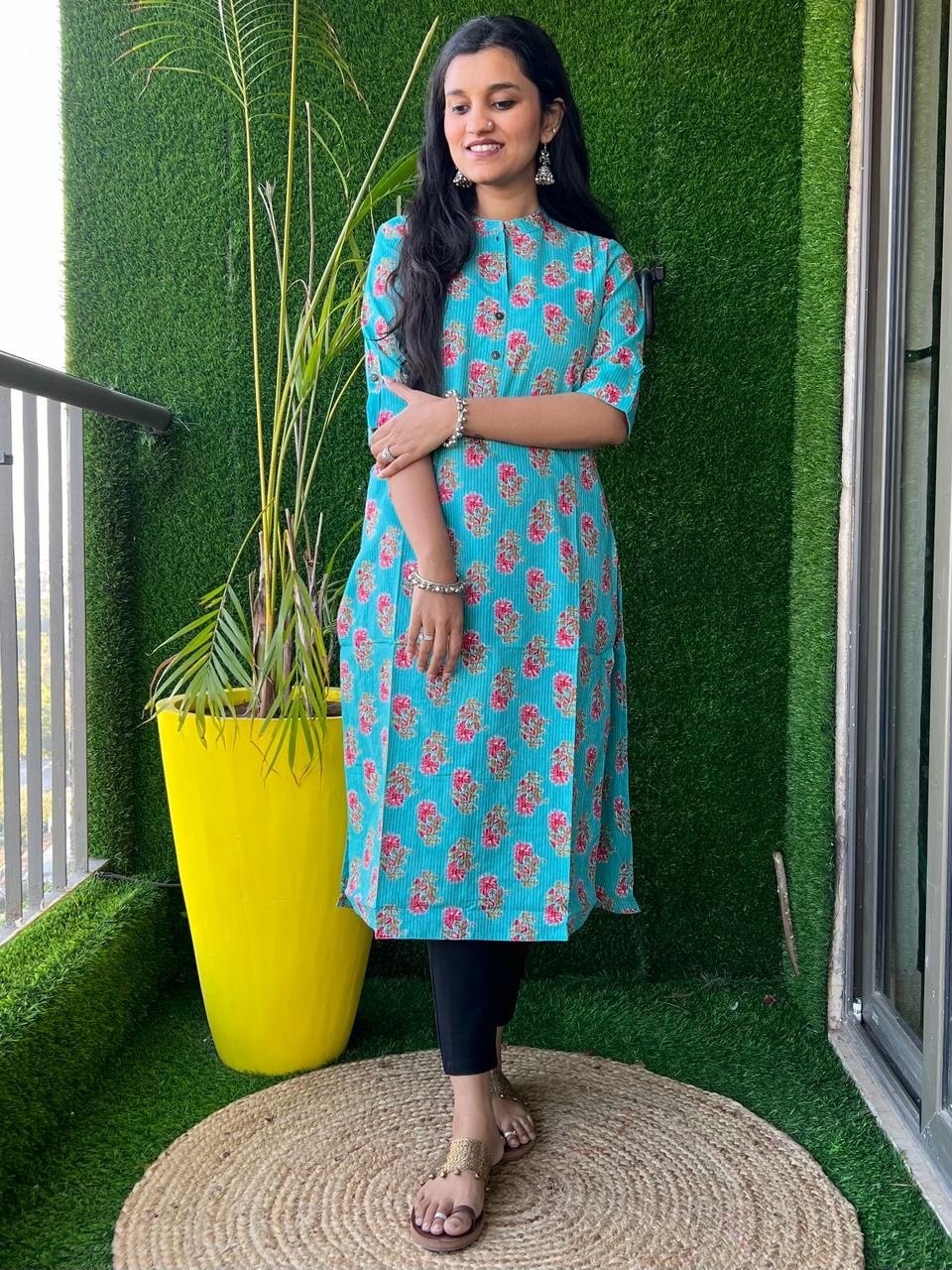 Weekend Cotton Kurta- Light Blue Pink Booti