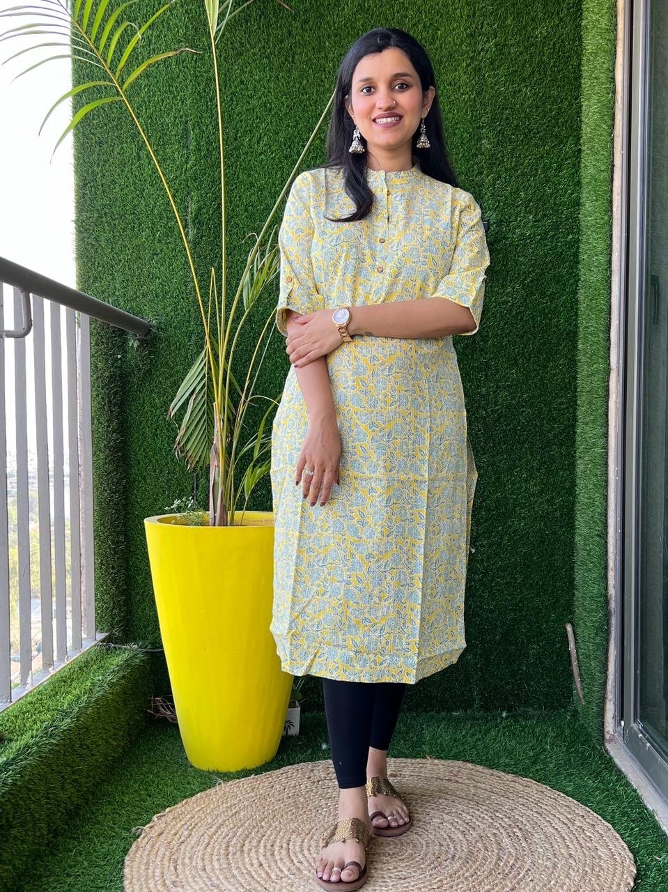 Weekend Cotton Kurta- Lime Floral Jaal