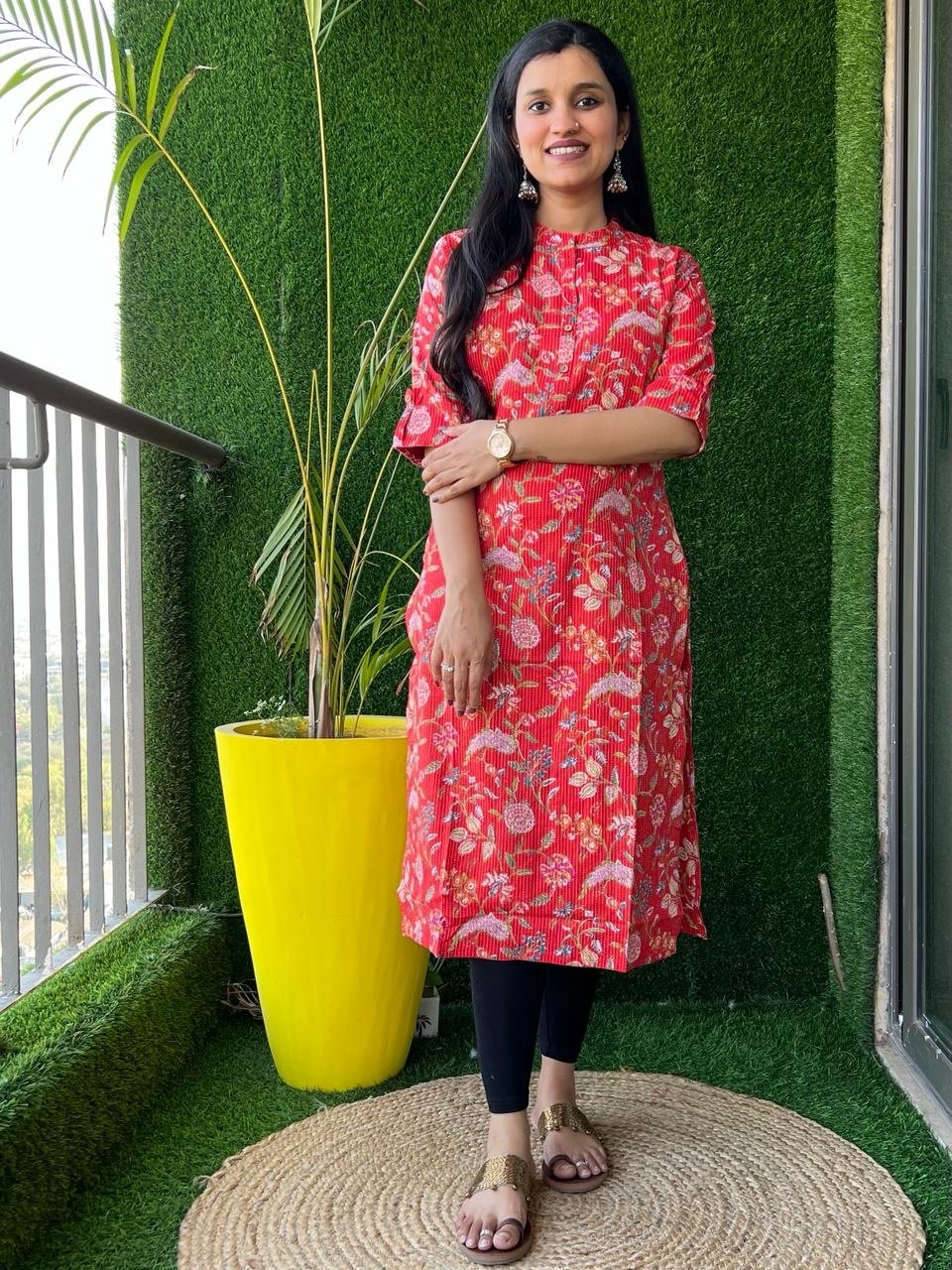 Weekend Cotton Kurta- Red Floral Jaal