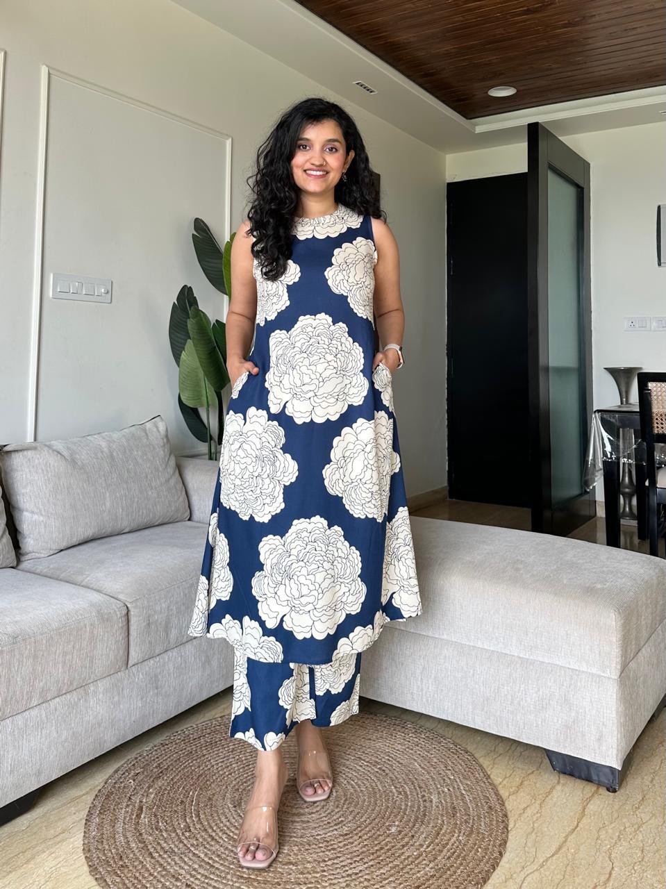 Jasmine Closed Neck Coord Set- Blue Big Flowers