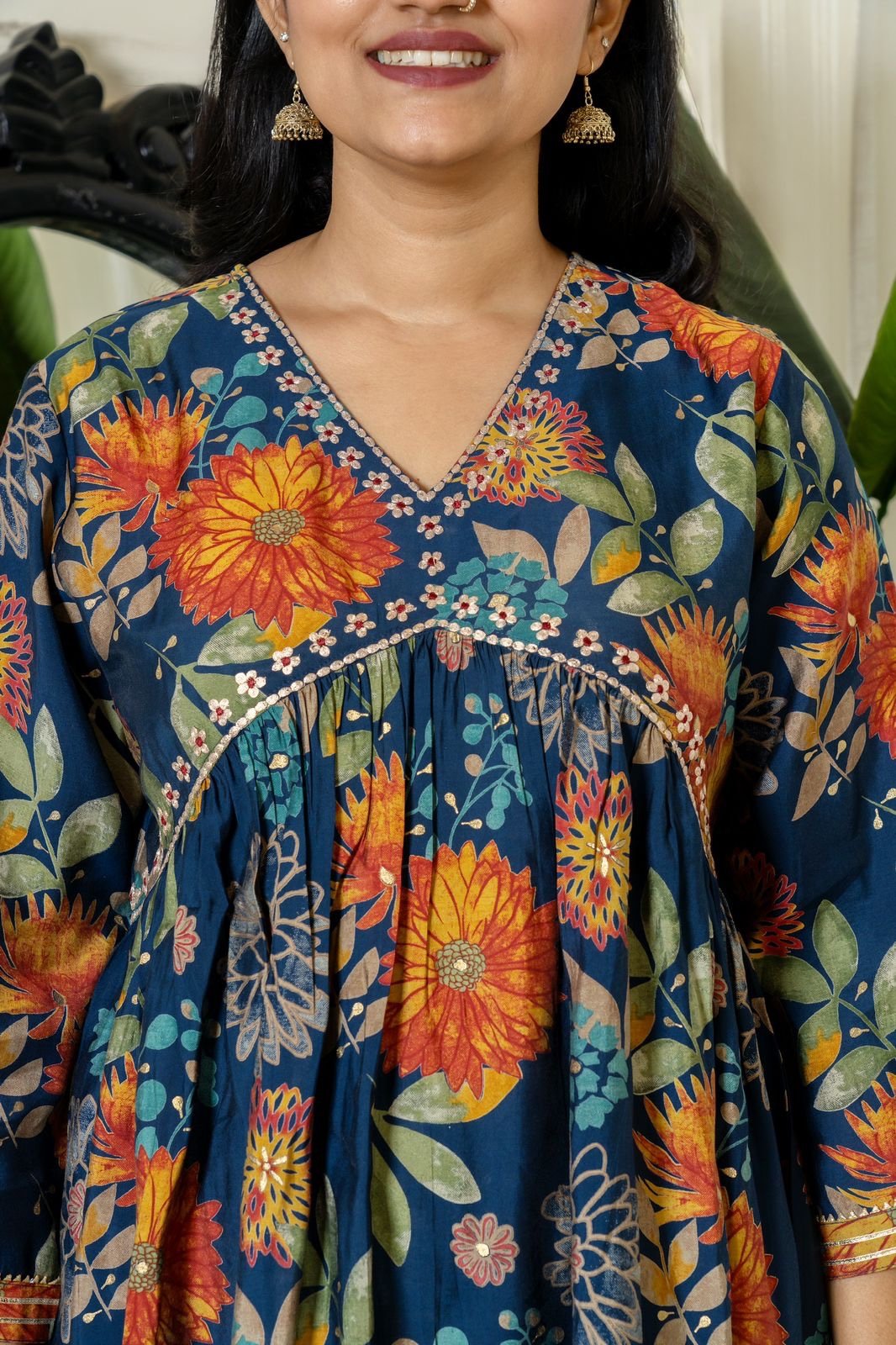 Muslin Alia Kurta- Dark blue Floral