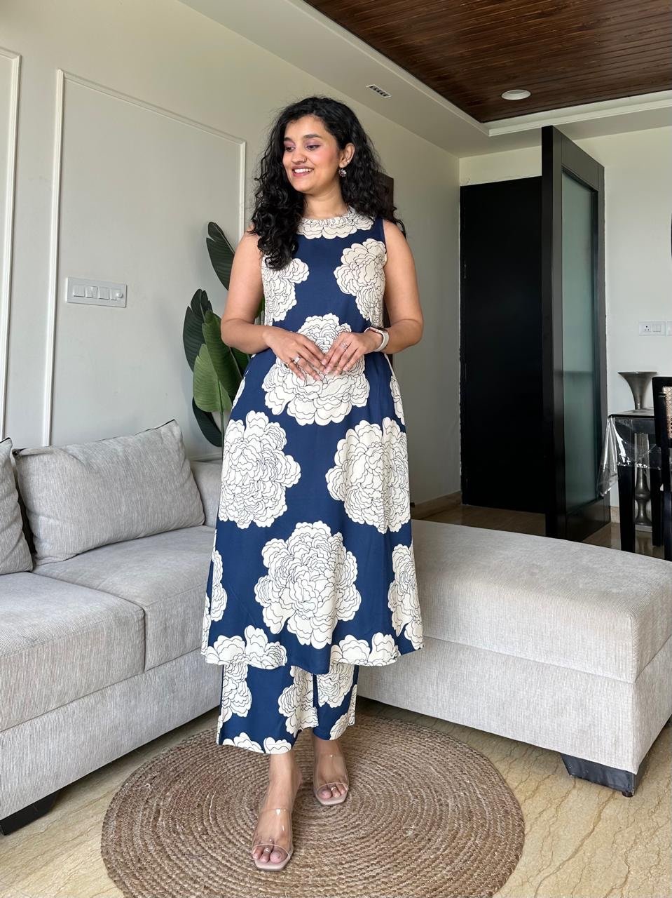 Jasmine Closed Neck Coord Set- Blue Big Flowers