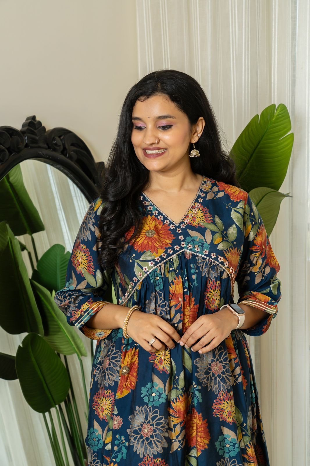 Muslin Alia Kurta- Dark blue Floral