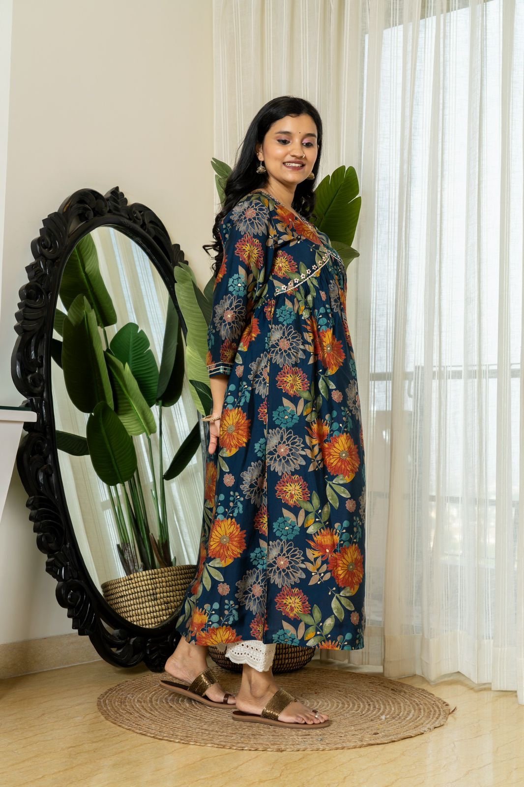 Muslin Alia Kurta- Dark blue Floral