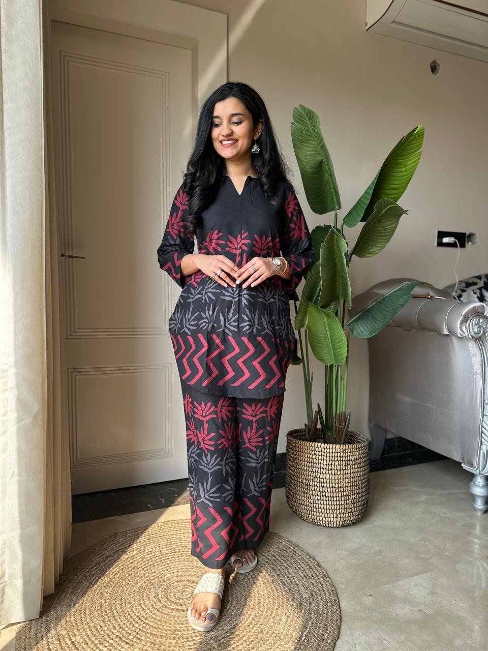 Reema Black Printed Coord Set- V Neck