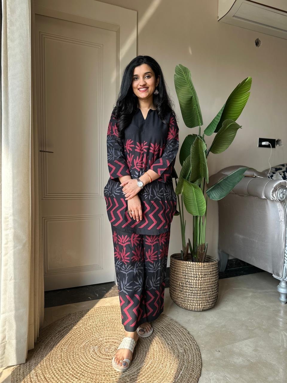 Reema Black Printed Coord Set- V Neck