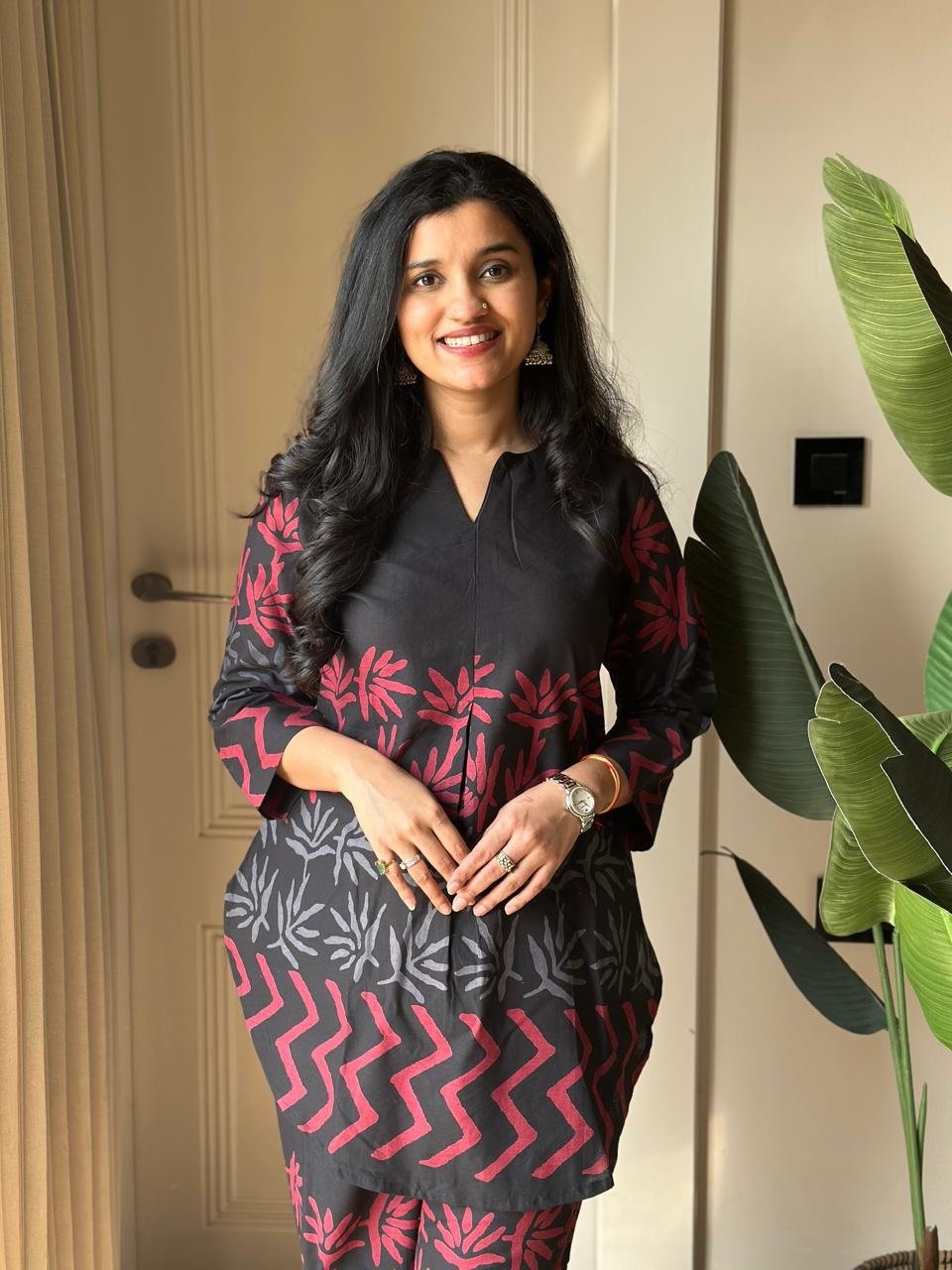 Reema Black Printed Coord Set- V Neck