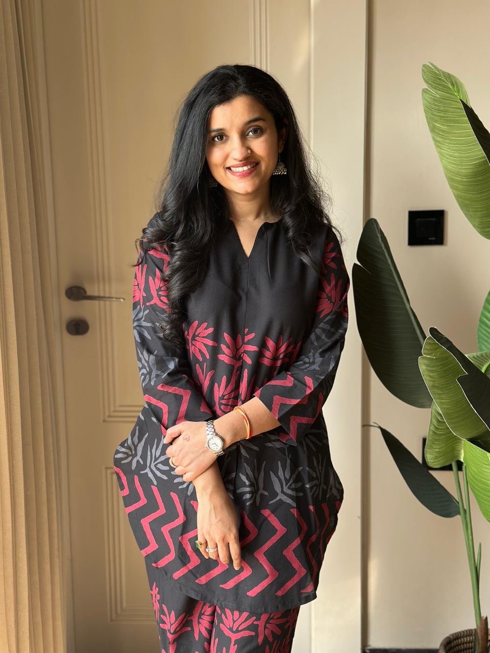 Reema Black Printed Coord Set- V Neck