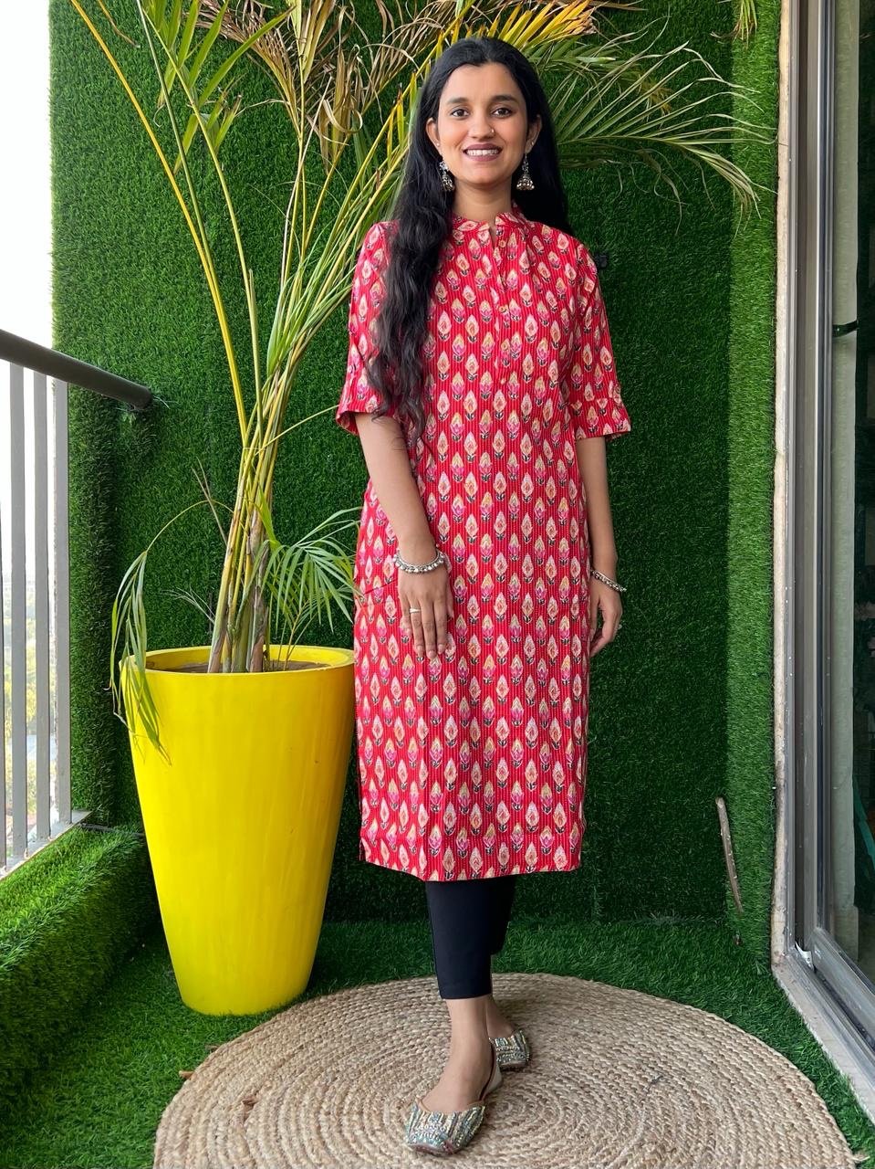Weekend Cotton Kurta- Red Booti