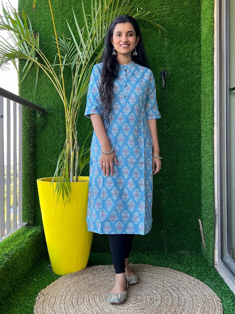 Weekend Cotton Kurta- Light Blue Boota