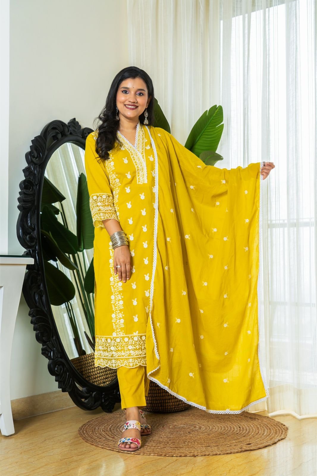 Zoya Yellow Embroidered Cotton Suit Set