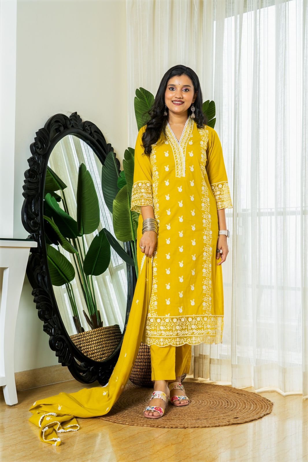 Zoya Yellow Embroidered Cotton Suit Set