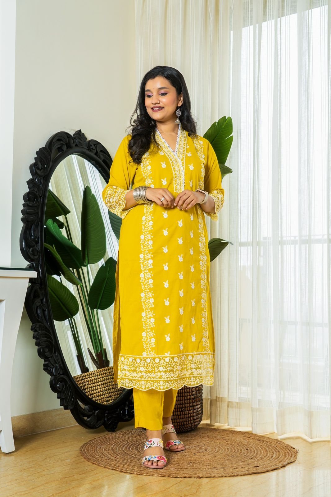 Zoya Yellow Embroidered Cotton Suit Set