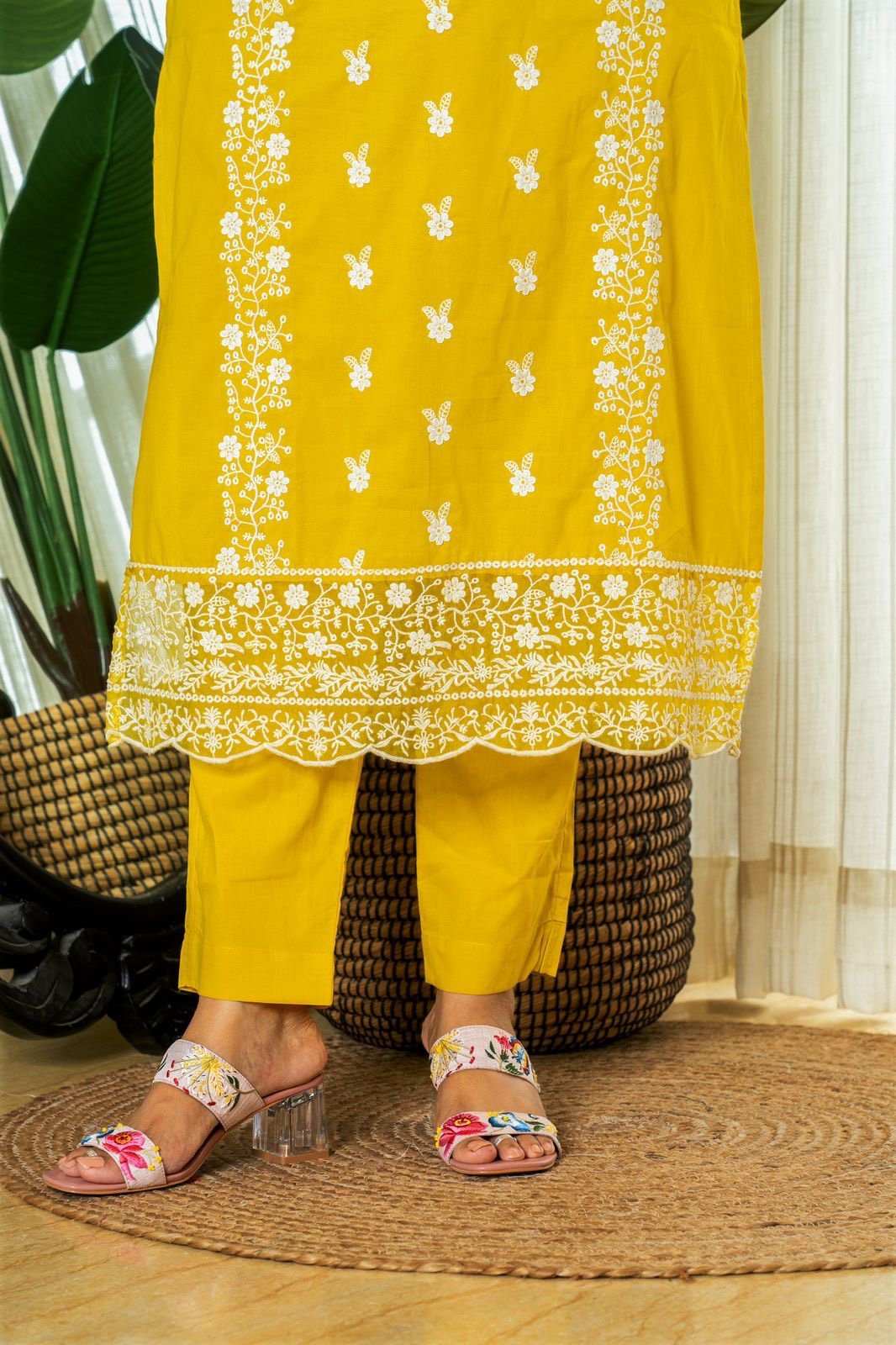 Zoya Yellow Embroidered Cotton Suit Set
