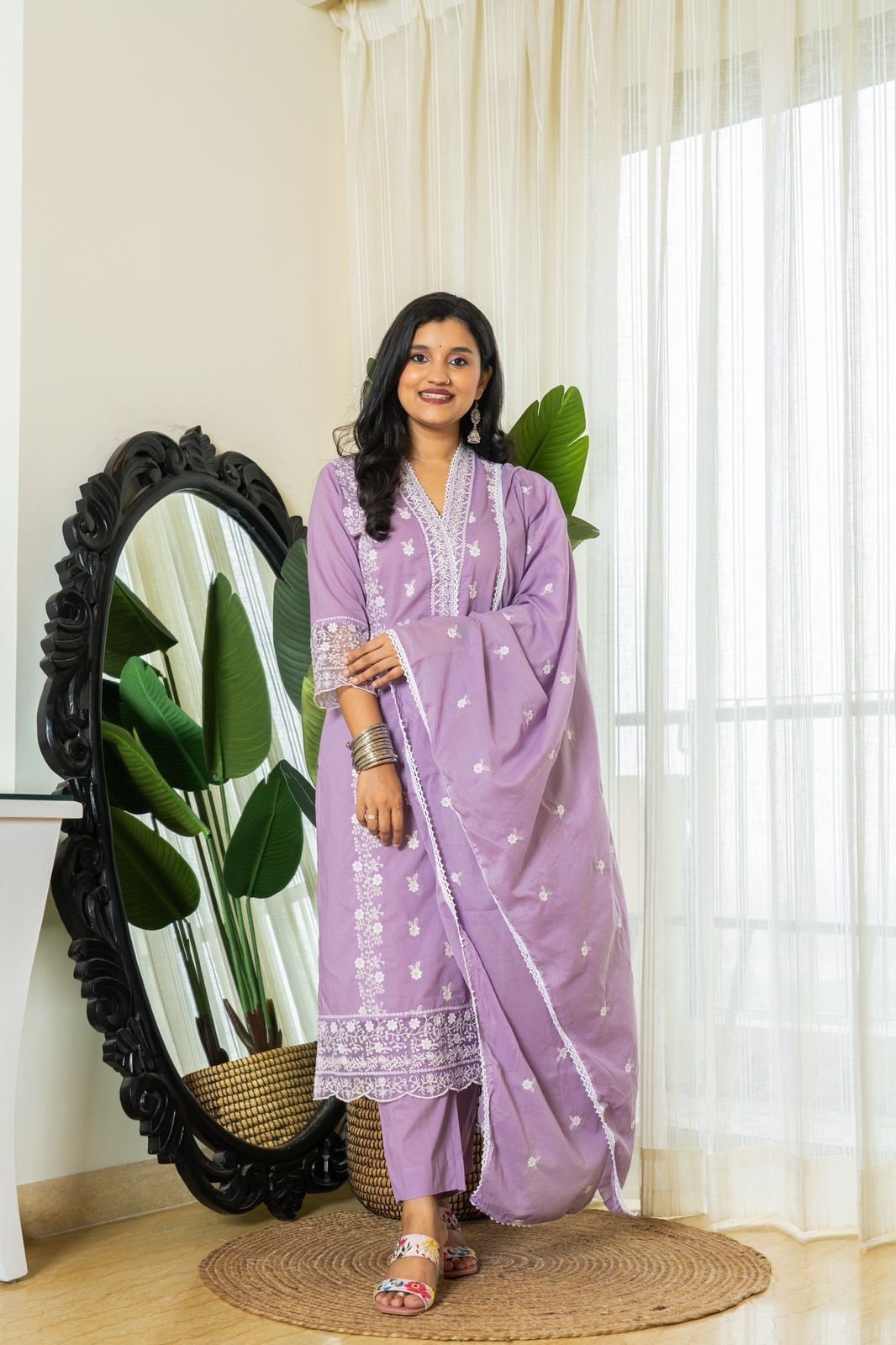 Zoya Purple Embroidered Cotton Suit Set