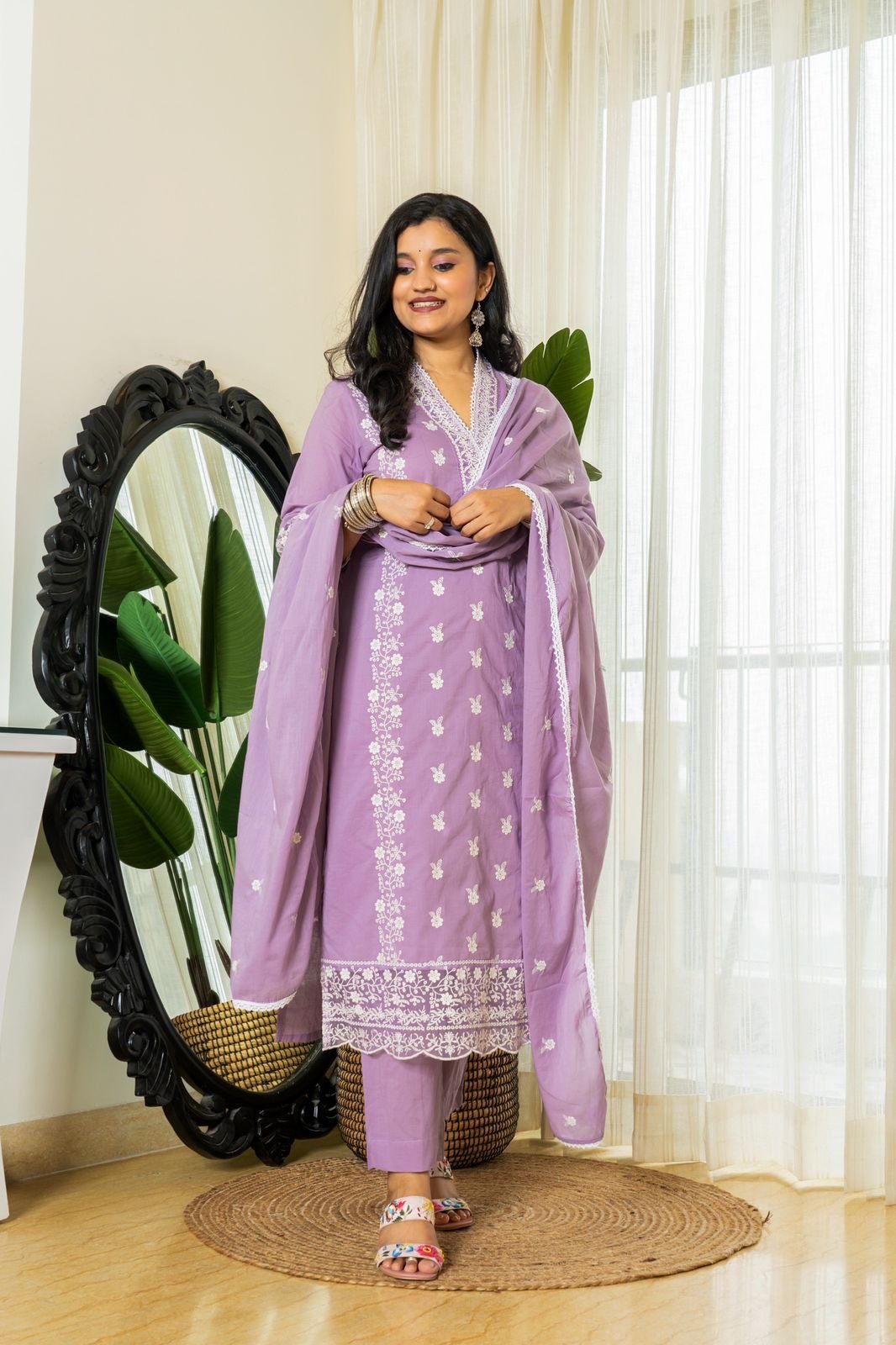 Zoya Purple Embroidered Cotton Suit Set