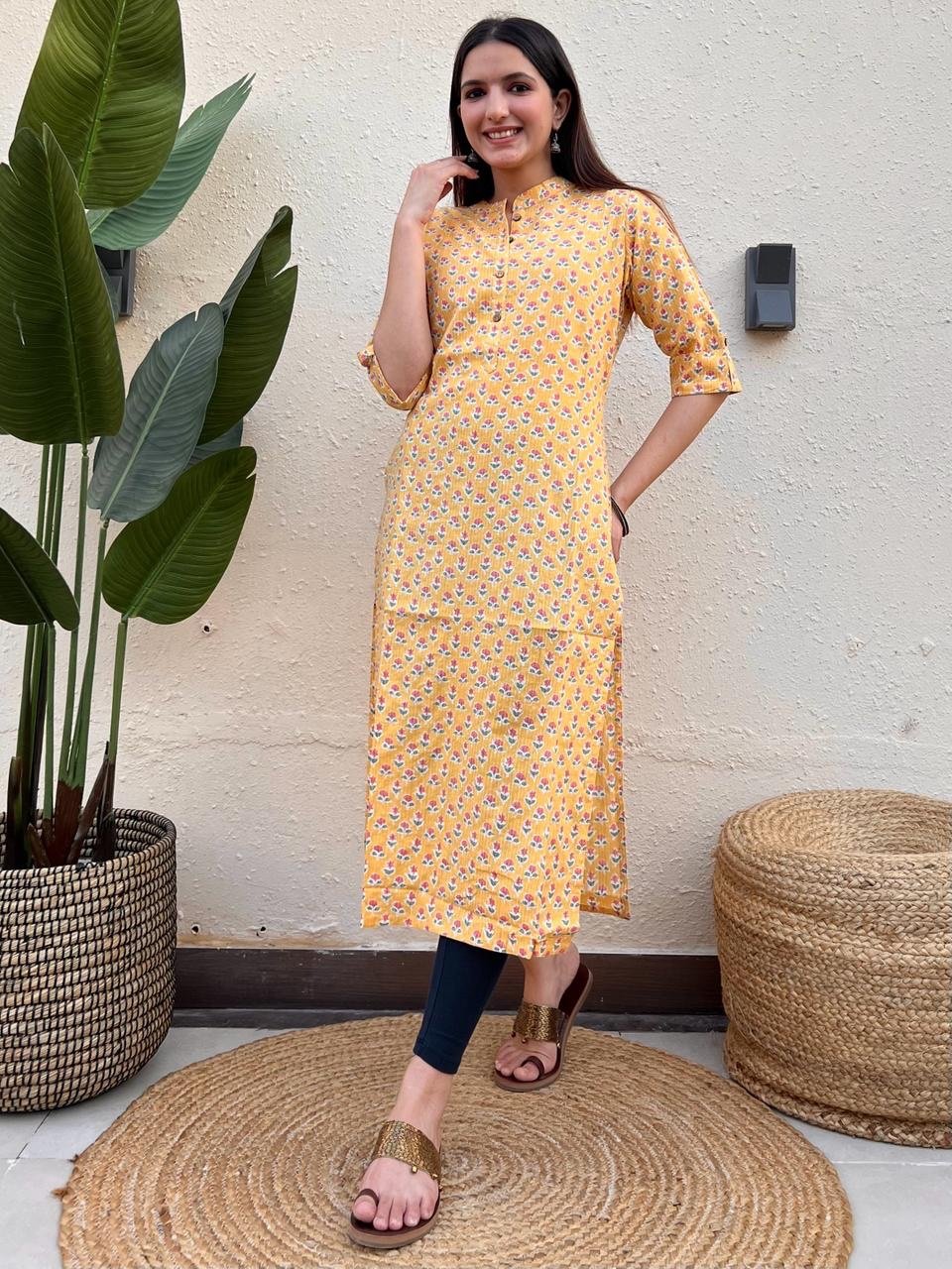 Weekend Cotton Kurta- Yellow Choti Booti
