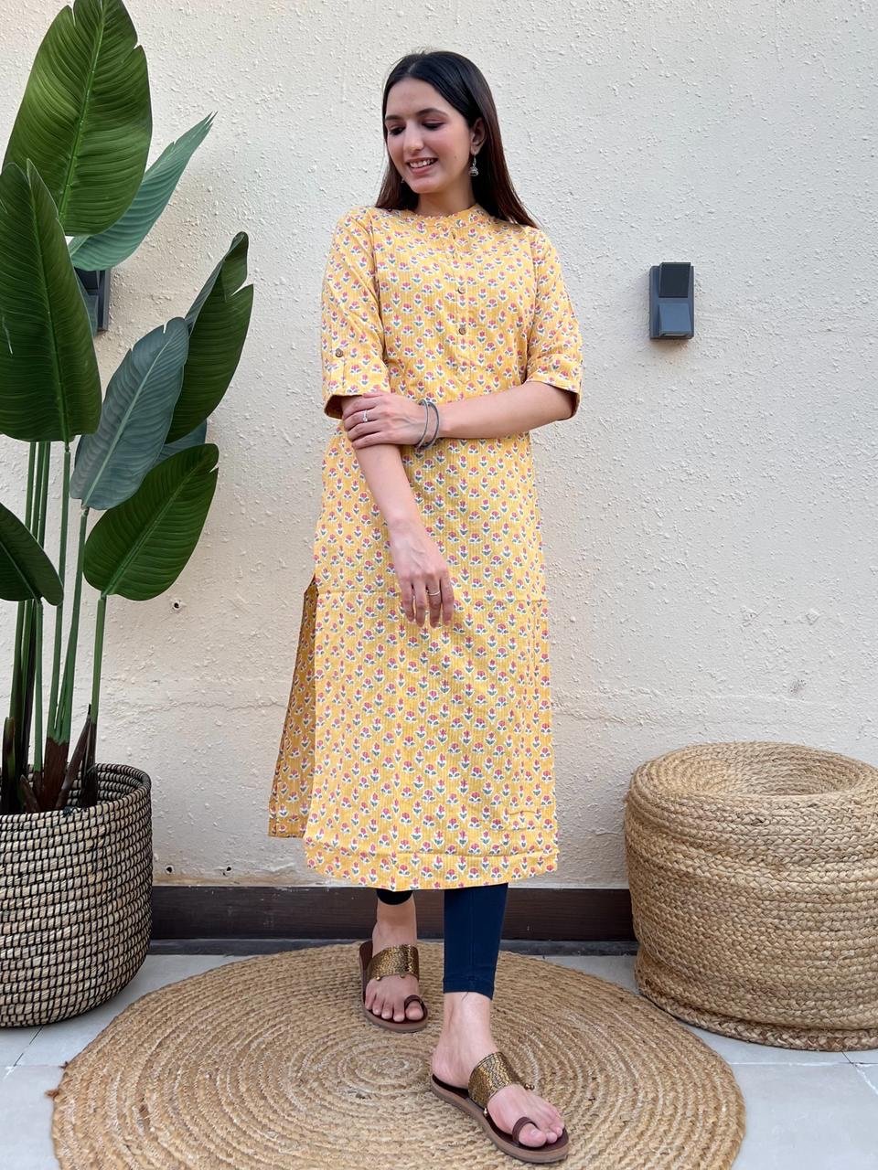Weekend Cotton Kurta- Yellow Choti Booti