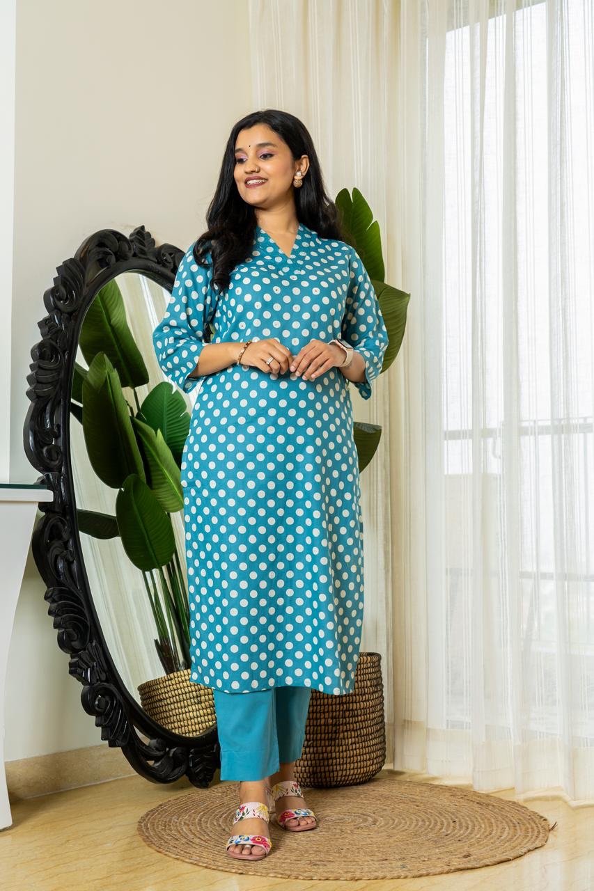 Mini Polka Cotton Pant Set-Light Blue