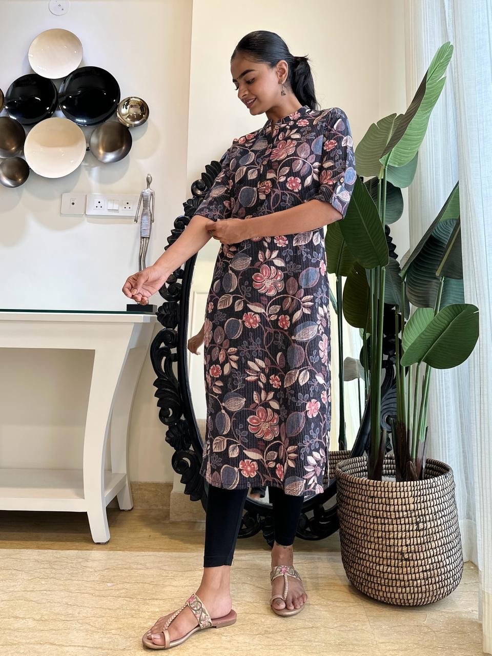 Weekend Cotton Kurta- Black Big Florals