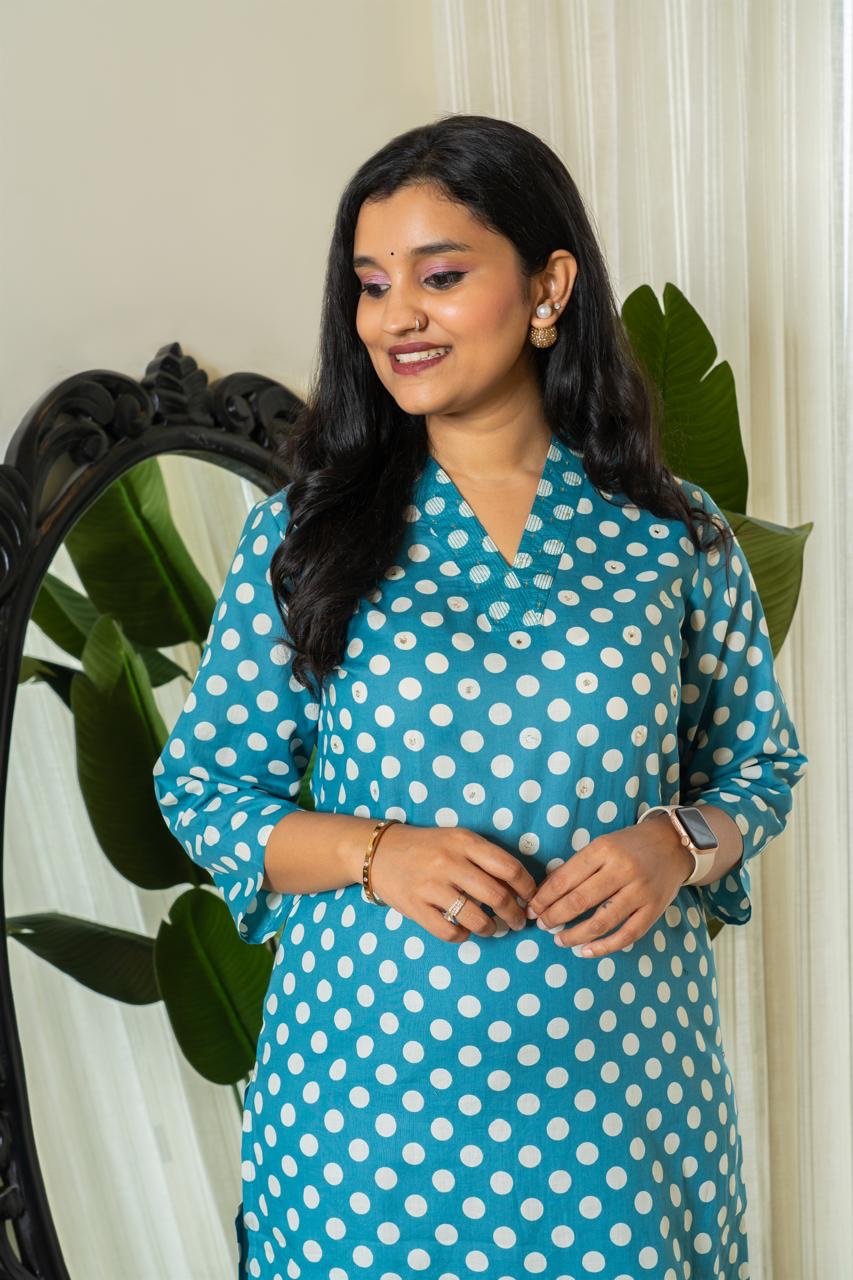 Mini Polka Cotton Pant Set-Light Blue