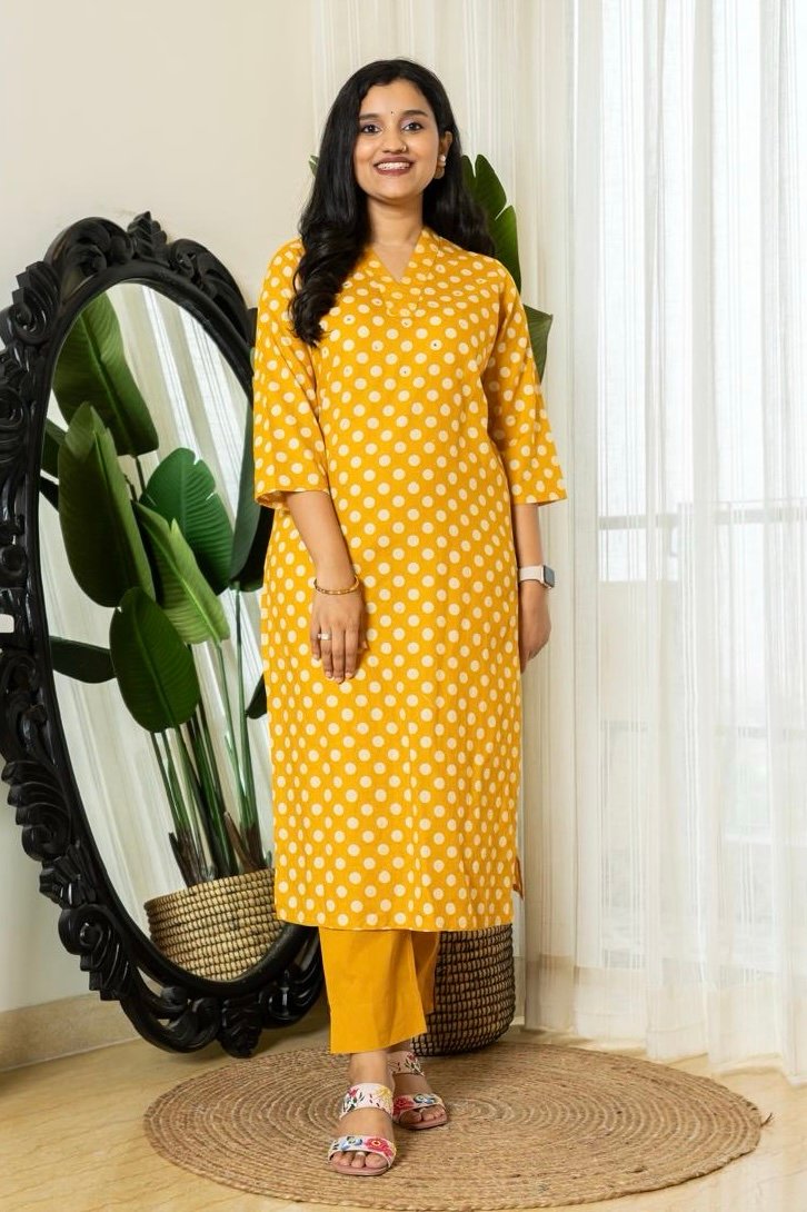 Mini Polka Cotton Pant Set- Mustard