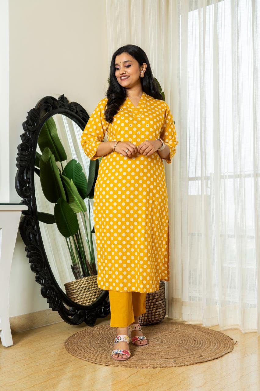Mini Polka Cotton Pant Set- Mustard