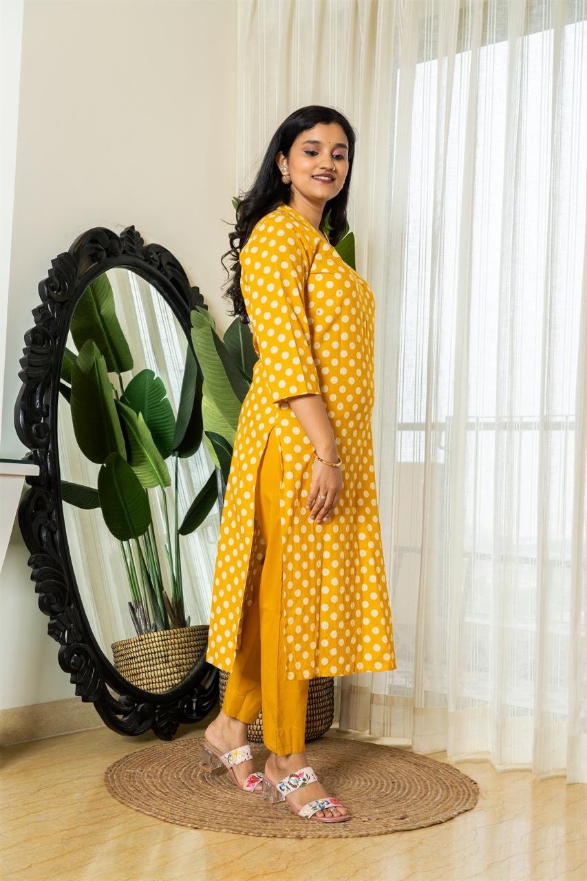 Mini Polka Cotton Pant Set- Mustard