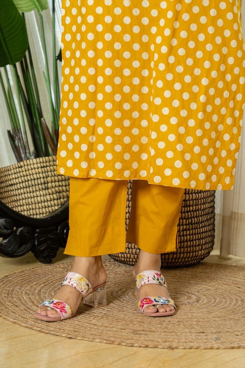 Mini Polka Cotton Pant Set- Mustard