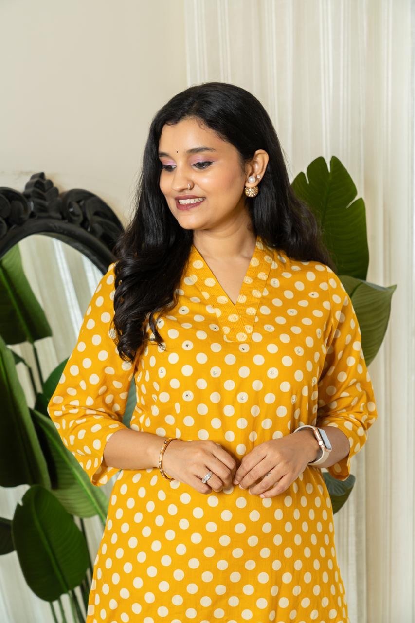 Mini Polka Cotton Pant Set- Mustard