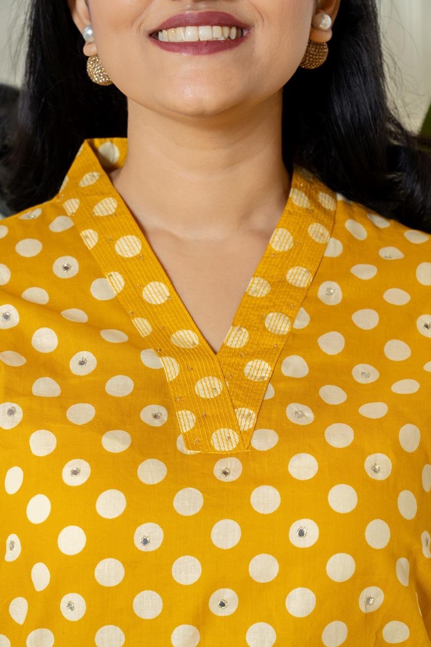 Mini Polka Cotton Pant Set- Mustard