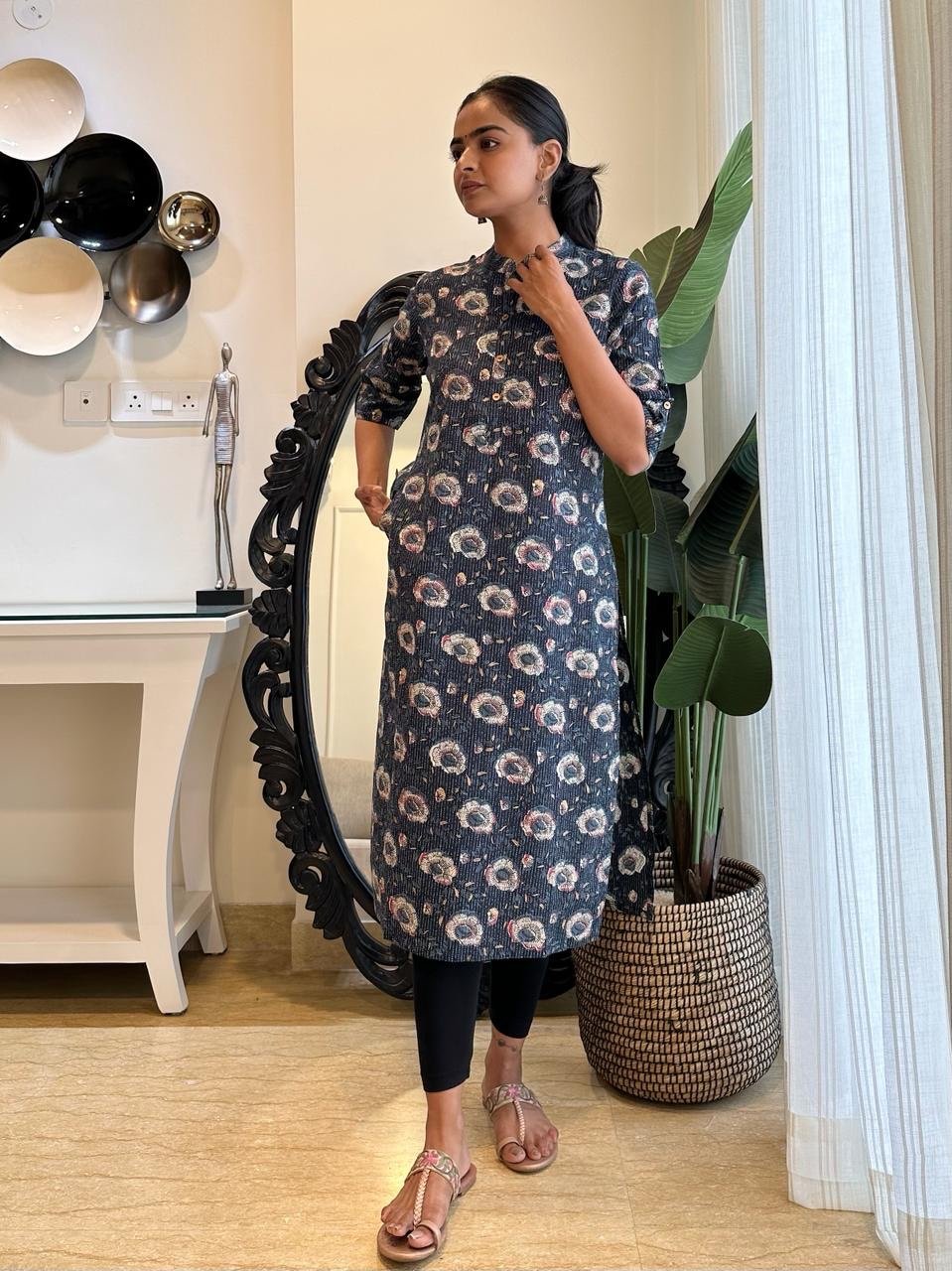 Weekend Cotton Kurta- Navy Blue Florals