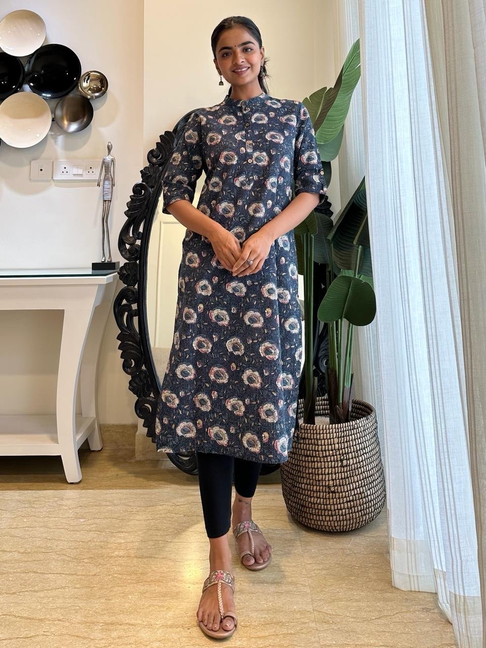 Weekend Cotton Kurta- Navy Blue Florals