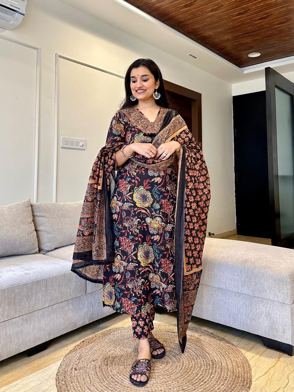 Khwaab Floral Cotton Set- Black