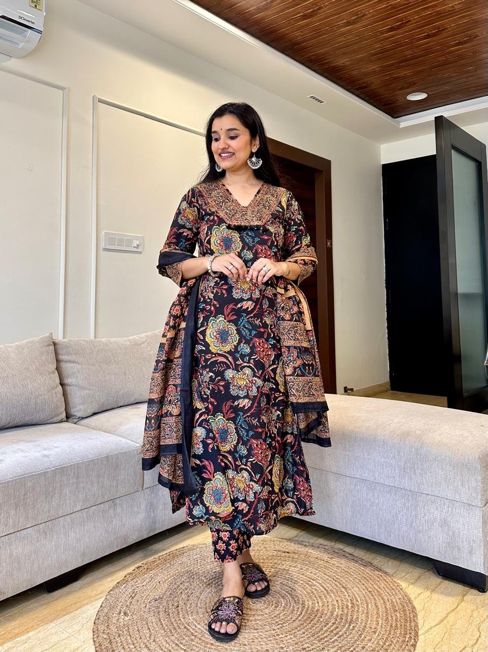 Khwaab Floral Cotton Set- Black