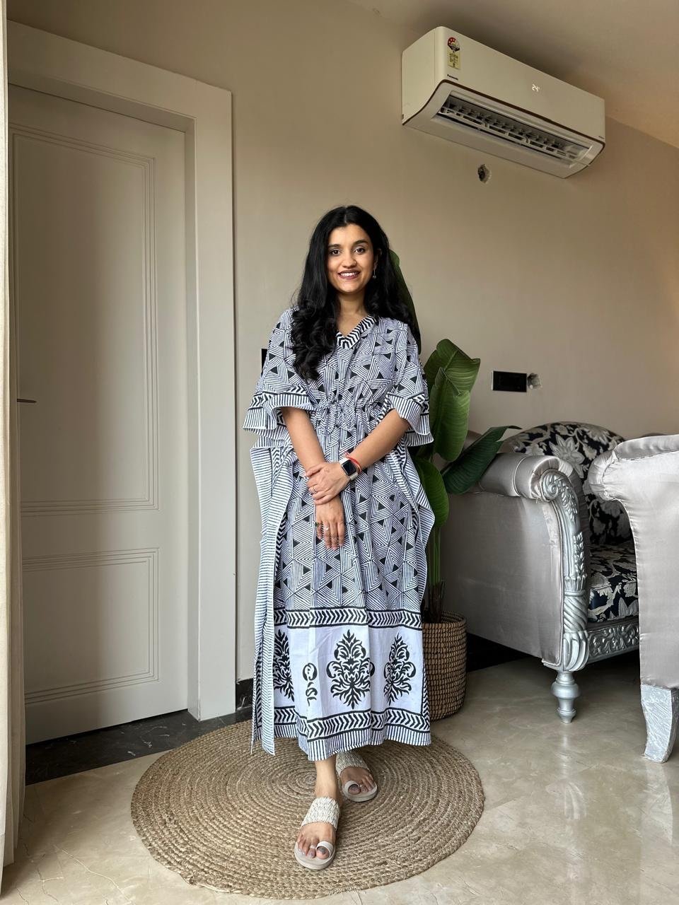 Zura Block Print Kaftan- Black and White