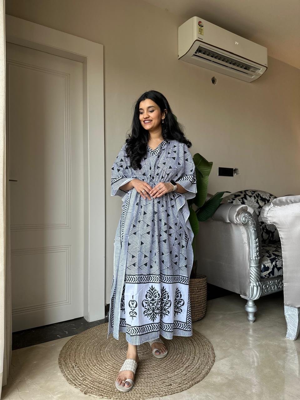 Zura Block Print Kaftan- Black and White