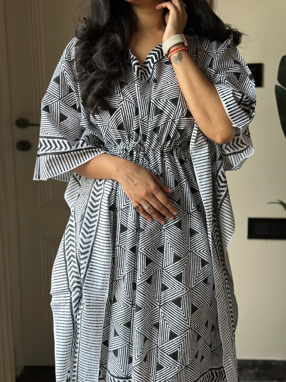 Zura Block Print Kaftan- Black and White