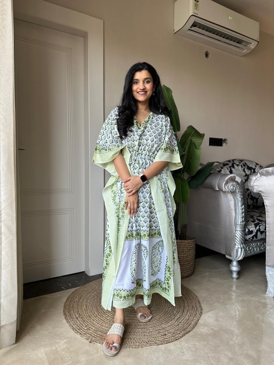 Block Print Cotton Kaftan- White Green