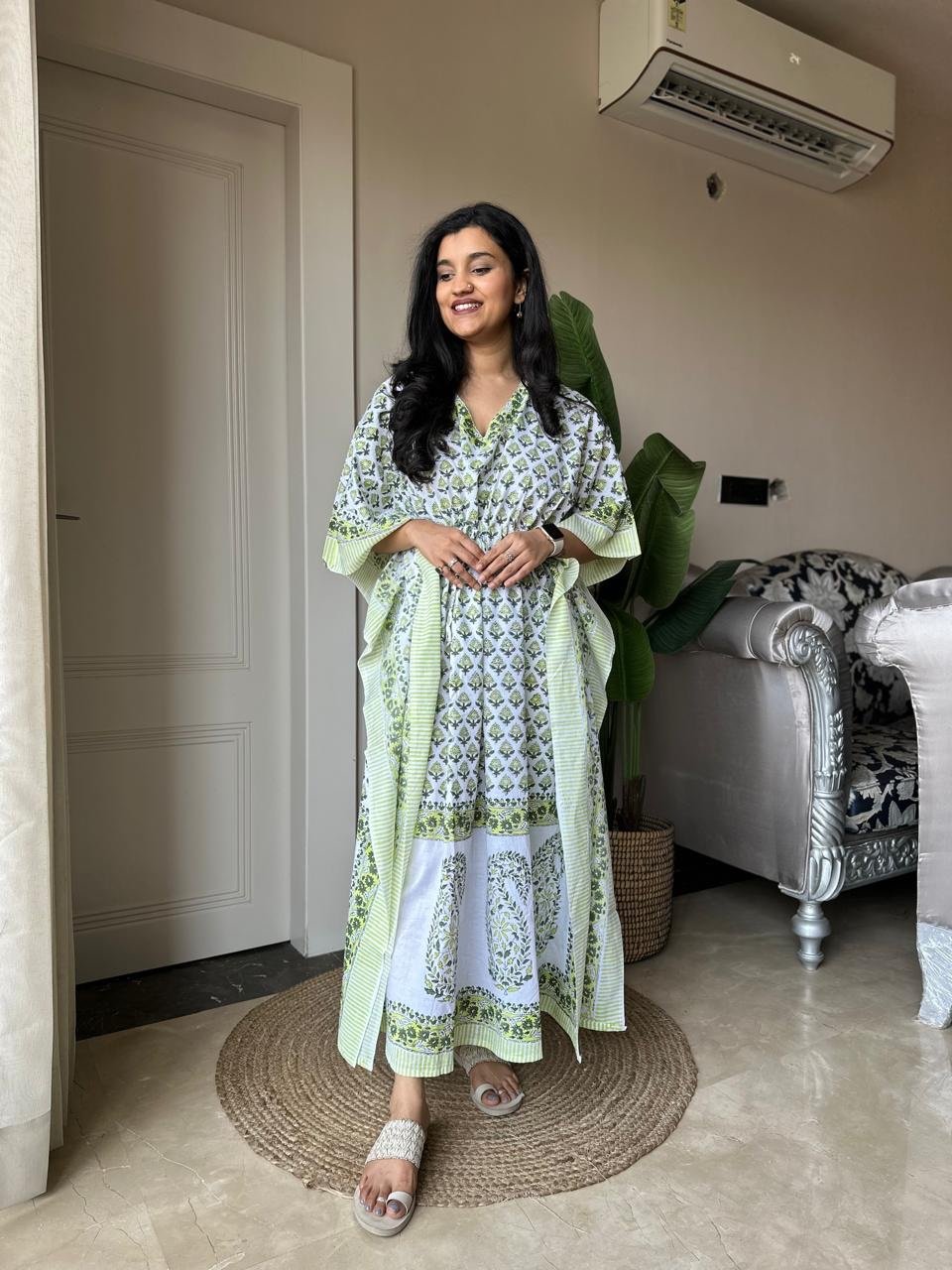 Block Print Cotton Kaftan- White Green