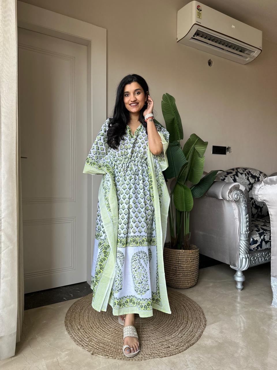 Block Print Cotton Kaftan- White Green