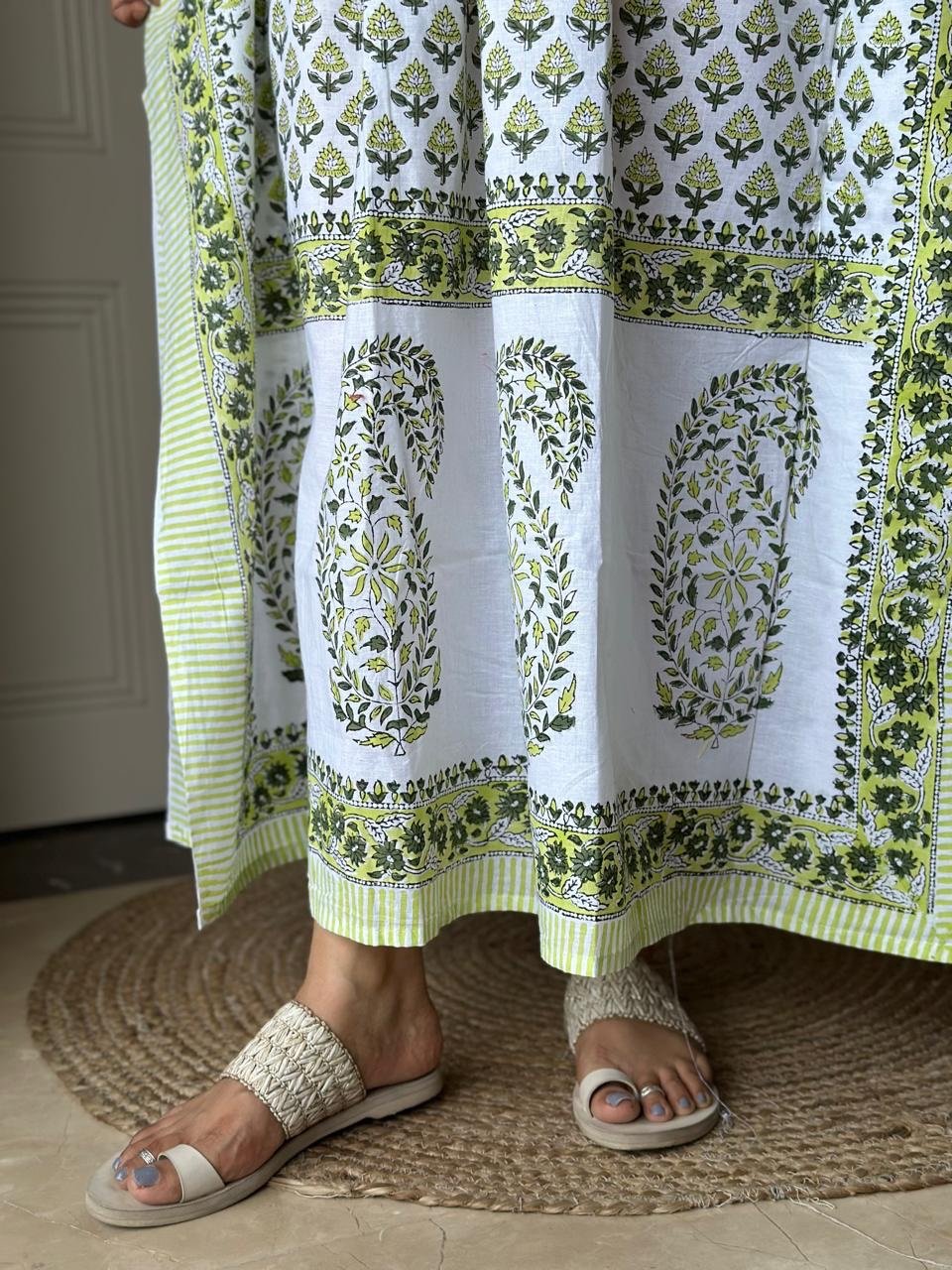 Block Print Cotton Kaftan- White Green