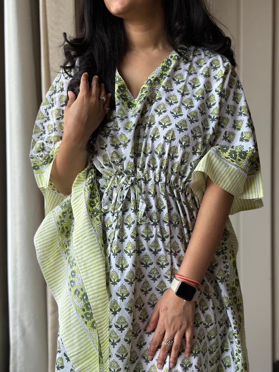 Block Print Cotton Kaftan- White Green